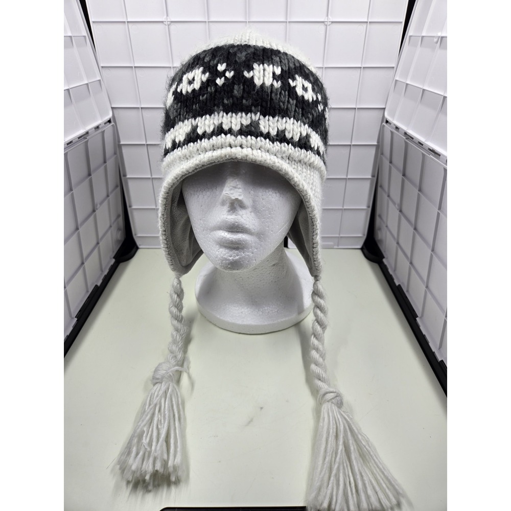 Columbia Knitted Wool/Polyester Beanie Hat with Ear Flaps & Ties Gray White